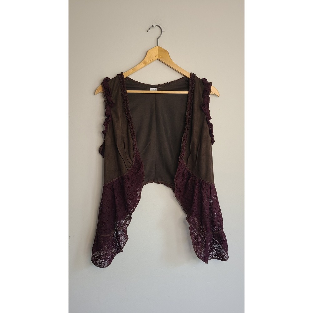 Boho Brown Plum Purple Lace Ruffle Cotton Open Front Vest Sleeveless